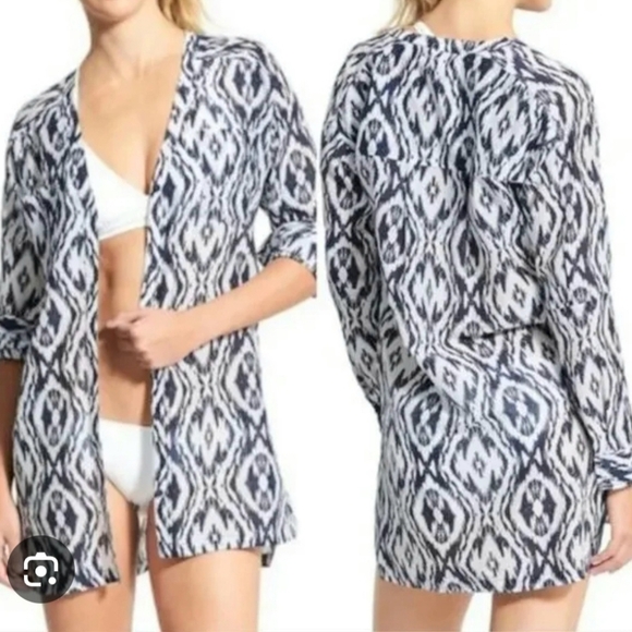 Athleta Ikat Print Tunic Dress Coverup SZ Medium Cotton Silk Blend Navy White - Picture 2 of 12